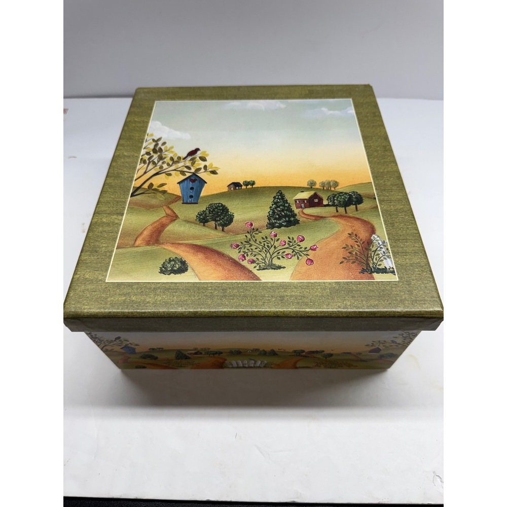 Folk Art Pastoral Landscape Decorative Storage Box Green Country Scene Barn